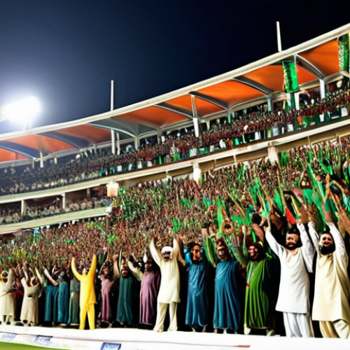 Home 11 **Excited Cricket Crowd:** A jubilant crowd at a cricket stadium, wearing colorful traditional Pakistani clothing, cheering wildly for their team during a T20 match under bright stadium lights.