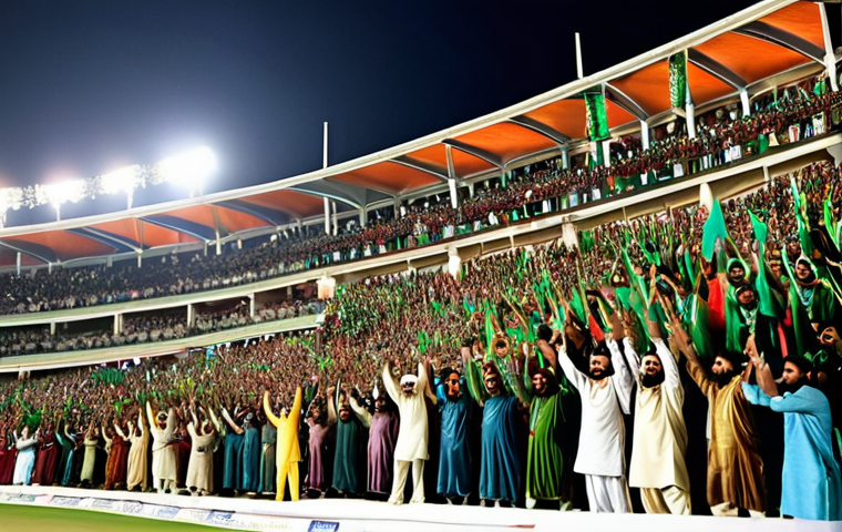 **Excited Cricket Crowd:** A jubilant crowd at a cricket stadium, wearing colorful traditional Pakistani clothing, cheering wildly for their team during a T20 match under bright stadium lights.