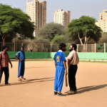 **Baseball Enthusiasts Group in Karachi**: A diverse group of people playing baseball in a park in Karachi, Pakistan. Depict a friendly, inclusive atmosphere with both men and women participating. The Karachi skyline should be subtly visible in the background.