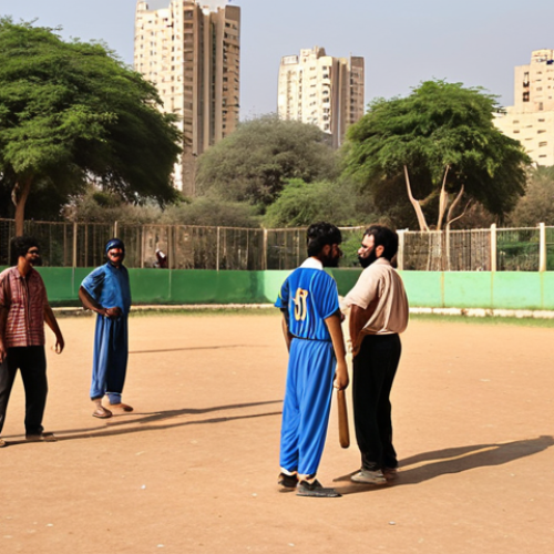 Home 6 **Baseball Enthusiasts Group in Karachi**: A diverse group of people playing baseball in a park in Karachi, Pakistan. Depict a friendly, inclusive atmosphere with both men and women participating. The Karachi skyline should be subtly visible in the background.