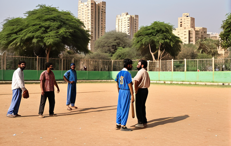 **Baseball Enthusiasts Group in Karachi**: A diverse group of people playing baseball in a park in Karachi, Pakistan. Depict a friendly, inclusive atmosphere with both men and women participating. The Karachi skyline should be subtly visible in the background.